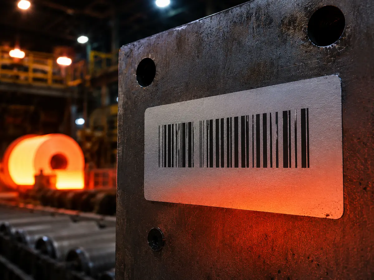 Heat resistant barcode label on steel plate in furnace environment